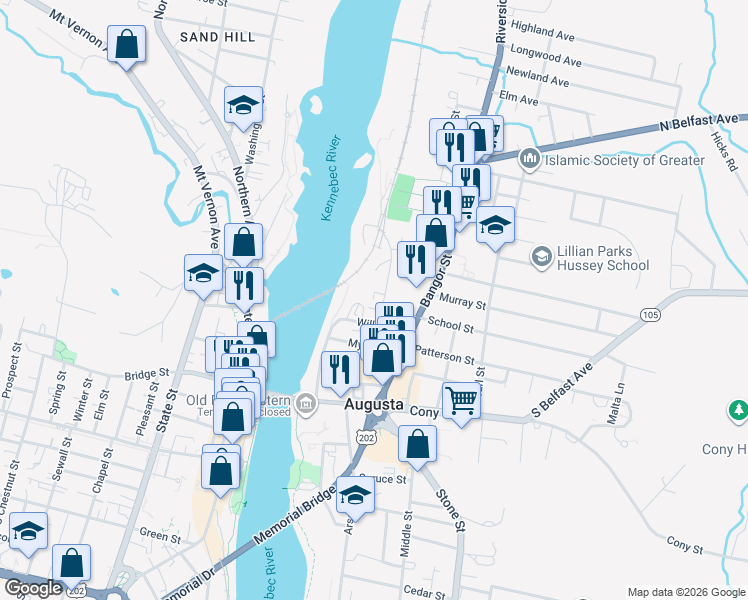 map of restaurants, bars, coffee shops, grocery stores, and more near 2 Maple Street in Augusta