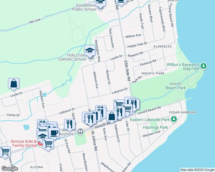map of restaurants, bars, coffee shops, grocery stores, and more near in Innisfil