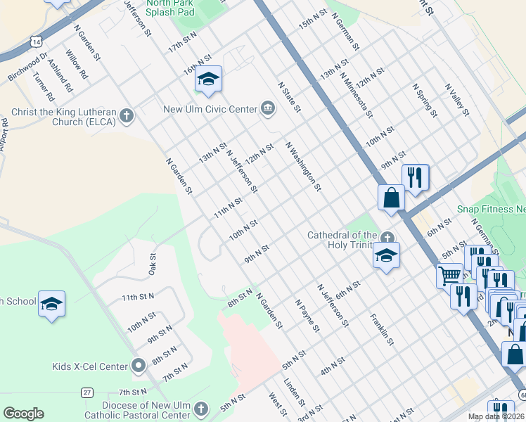map of restaurants, bars, coffee shops, grocery stores, and more near 1001 North Jefferson Street in New Ulm