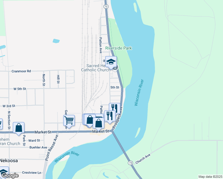 map of restaurants, bars, coffee shops, grocery stores, and more near 514 Vilas Avenue in Nekoosa