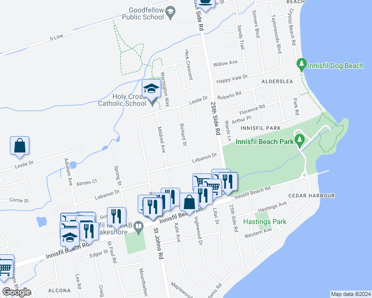 map of restaurants, bars, coffee shops, grocery stores, and more near 2195 Richard Street in Innisfil