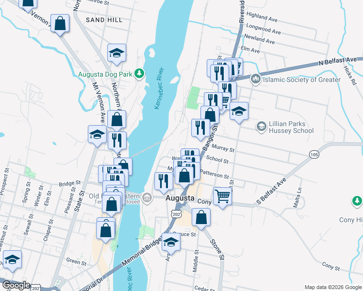 map of restaurants, bars, coffee shops, grocery stores, and more near 16 Maple Street in Augusta