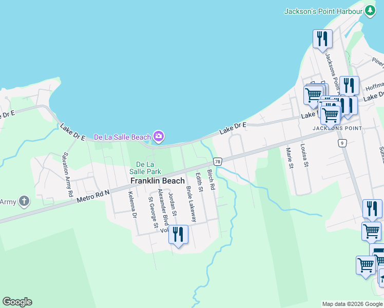 map of restaurants, bars, coffee shops, grocery stores, and more near 44 Courting House Place in Georgina