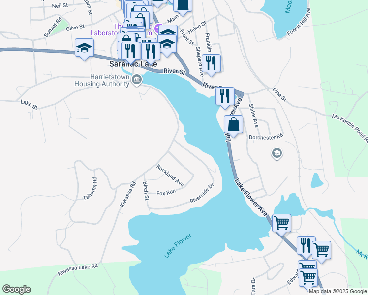 map of restaurants, bars, coffee shops, grocery stores, and more near 25 Riverside Drive in Saranac Lake