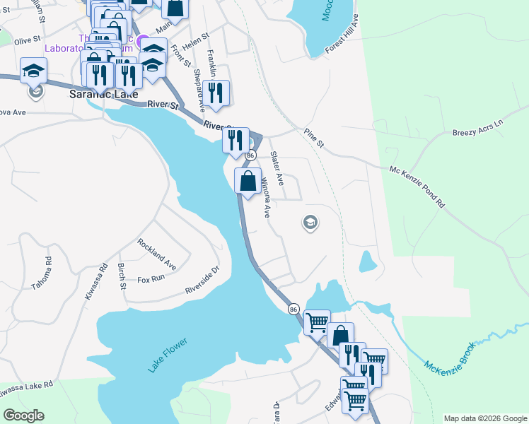 map of restaurants, bars, coffee shops, grocery stores, and more near 9 Winona Avenue in Saranac Lake