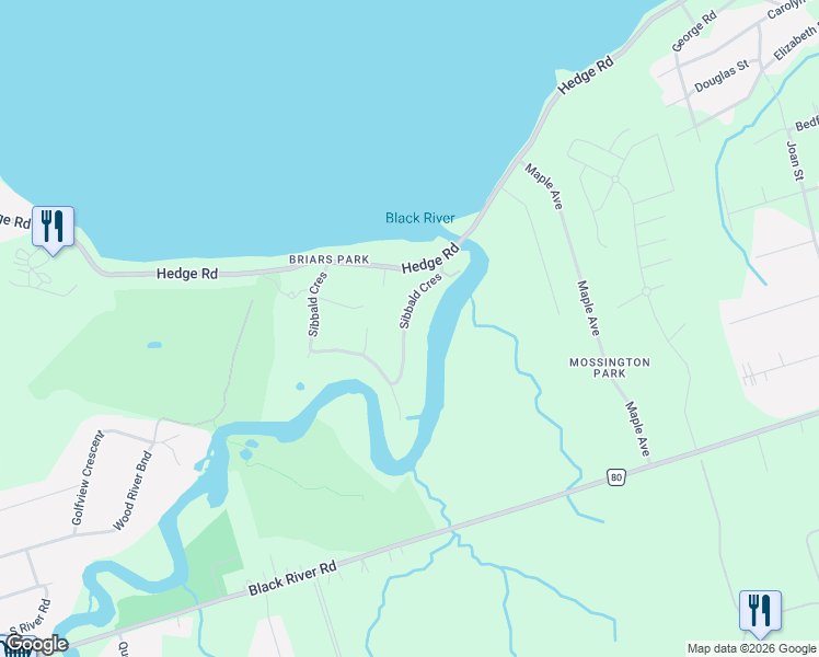 map of restaurants, bars, coffee shops, grocery stores, and more near 116 Sibbald Crescent in Georgina