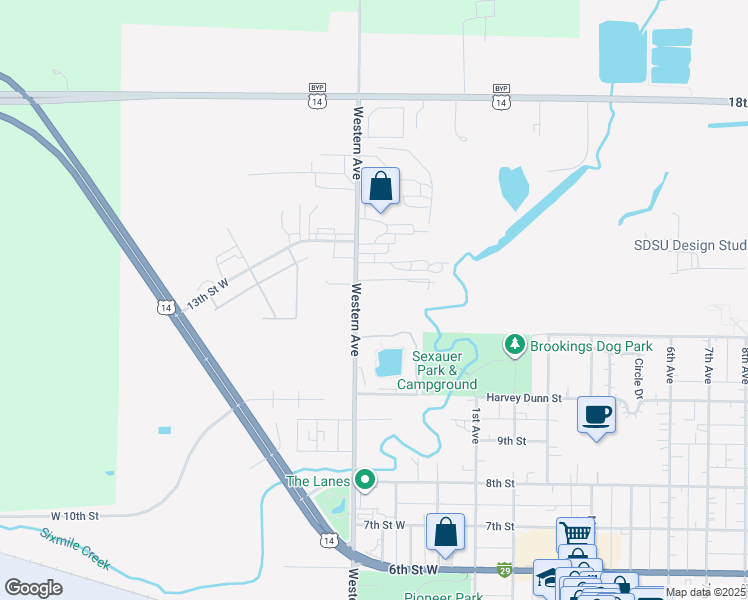 map of restaurants, bars, coffee shops, grocery stores, and more near 1150 Western Avenue in Brookings