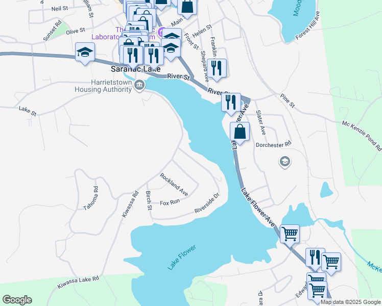 map of restaurants, bars, coffee shops, grocery stores, and more near 25 Riverside Drive in Saranac Lake