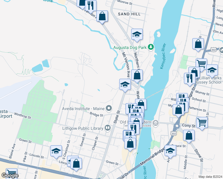 map of restaurants, bars, coffee shops, grocery stores, and more near 55 Boothby Street in Augusta