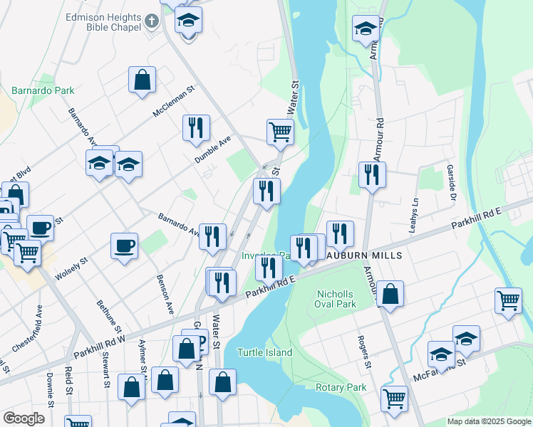 map of restaurants, bars, coffee shops, grocery stores, and more near in Peterborough