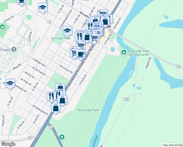 map of restaurants, bars, coffee shops, grocery stores, and more near 621 South Front Street in Saint Peter