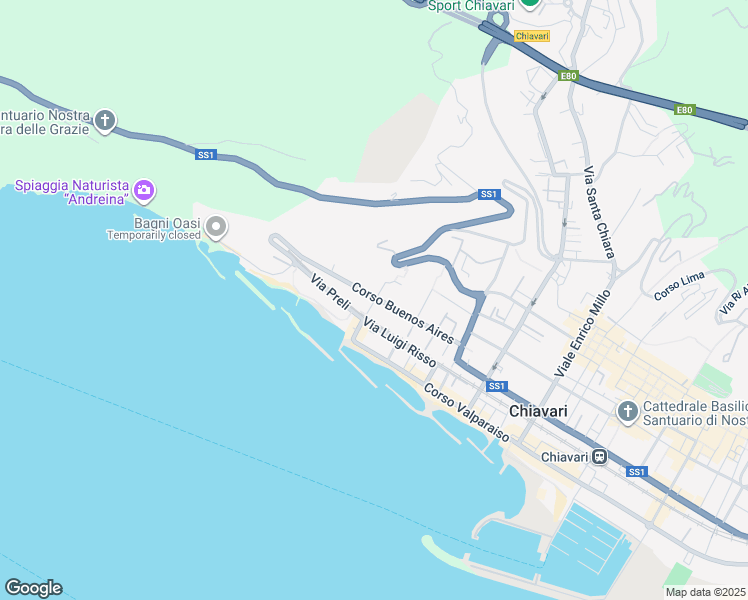 map of restaurants, bars, coffee shops, grocery stores, and more near Via Angelo Argiroffo in Chiavari