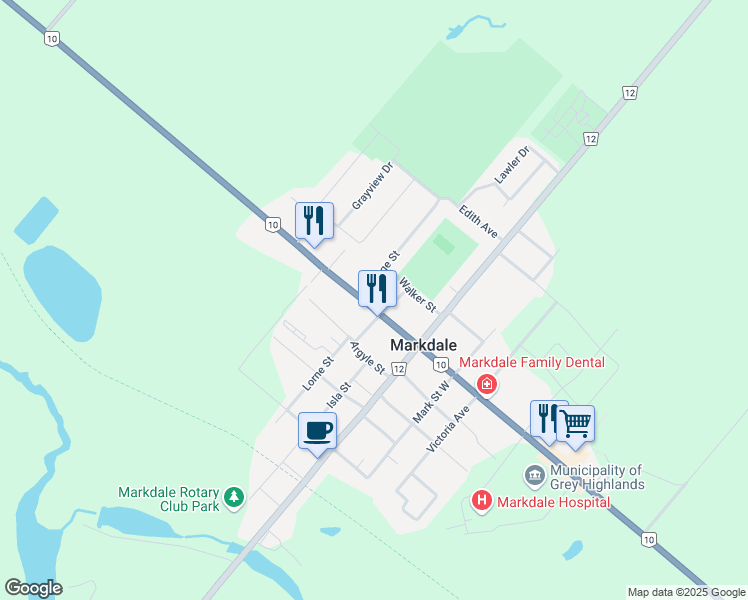 map of restaurants, bars, coffee shops, grocery stores, and more near 75 Toronto Street North in Markdale