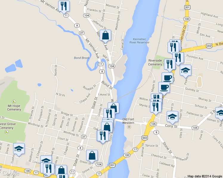 map of restaurants, bars, coffee shops, grocery stores, and more near 35 Water Street in Augusta