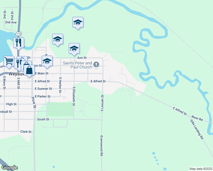 map of restaurants, bars, coffee shops, grocery stores, and more near 216 South Lincoln Street in Weyauwega