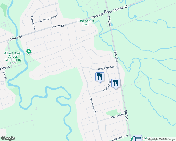map of restaurants, bars, coffee shops, grocery stores, and more near 174 Maplewood Drive in Angus