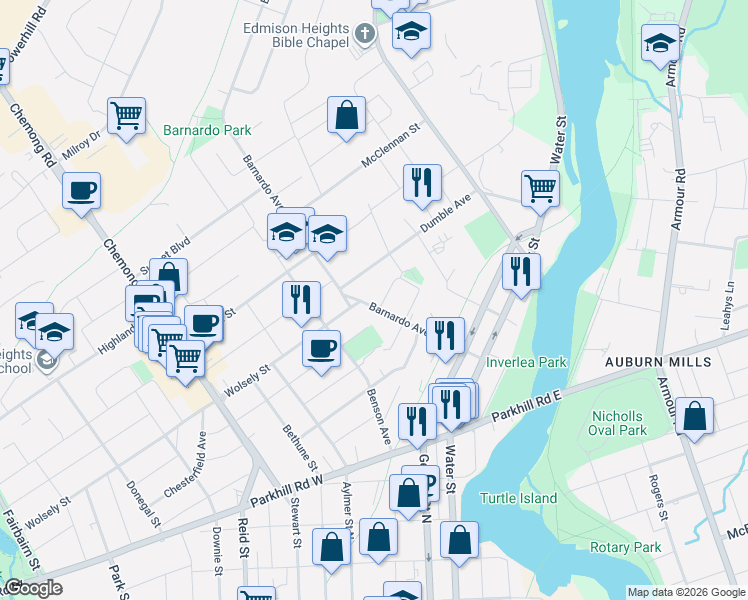 map of restaurants, bars, coffee shops, grocery stores, and more near 212 Barnardo Avenue in Peterborough