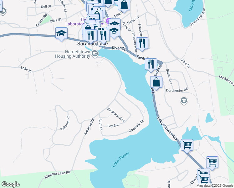 map of restaurants, bars, coffee shops, grocery stores, and more near Kiwassa Road in Saranac Lake