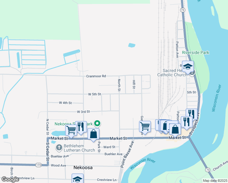map of restaurants, bars, coffee shops, grocery stores, and more near 607 North Street in Nekoosa