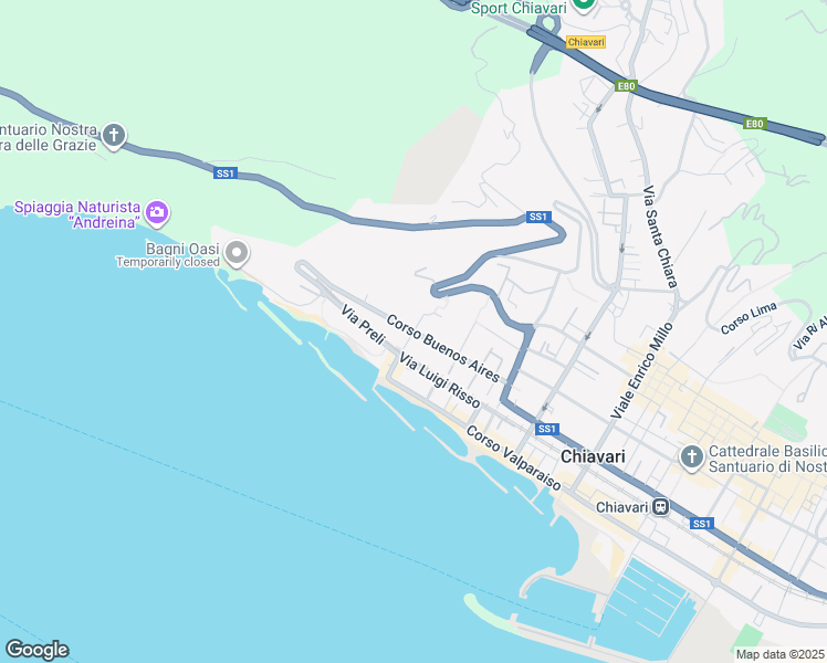 map of restaurants, bars, coffee shops, grocery stores, and more near Via Argiroffo in Chiavari