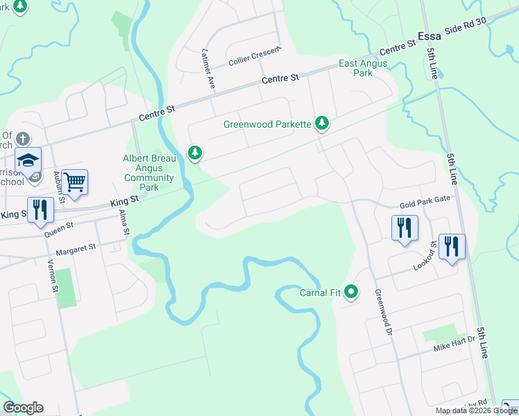 map of restaurants, bars, coffee shops, grocery stores, and more near 166 Gold Park Gate in Essa