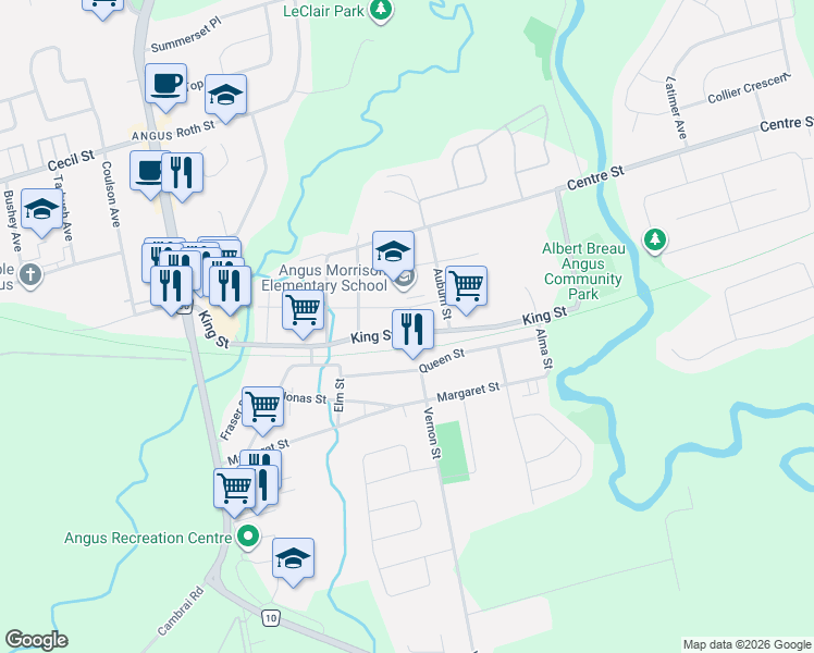 map of restaurants, bars, coffee shops, grocery stores, and more near 99 King Street in Essa
