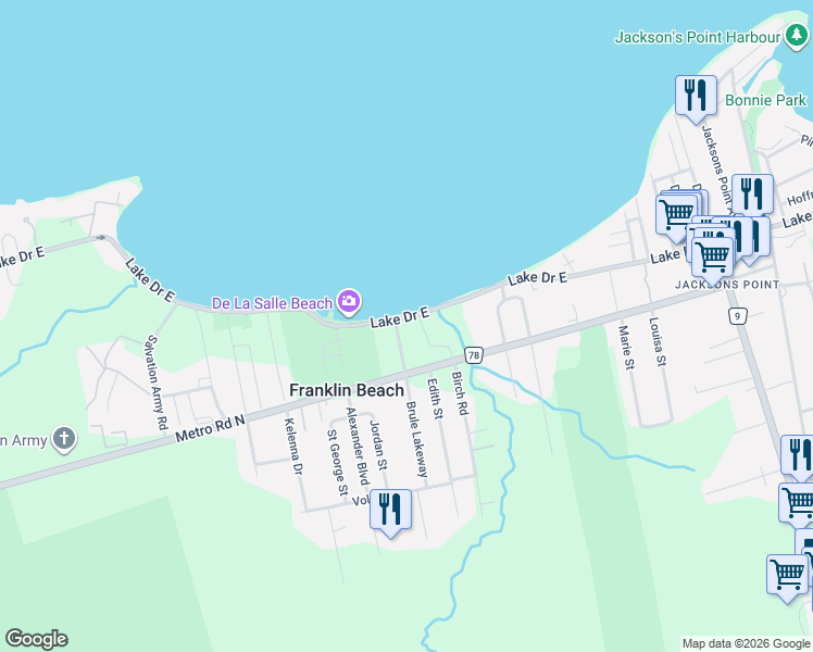 map of restaurants, bars, coffee shops, grocery stores, and more near 813 Lake Drive East in Georgina