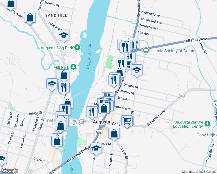 map of restaurants, bars, coffee shops, grocery stores, and more near 9 Linden Street in Augusta