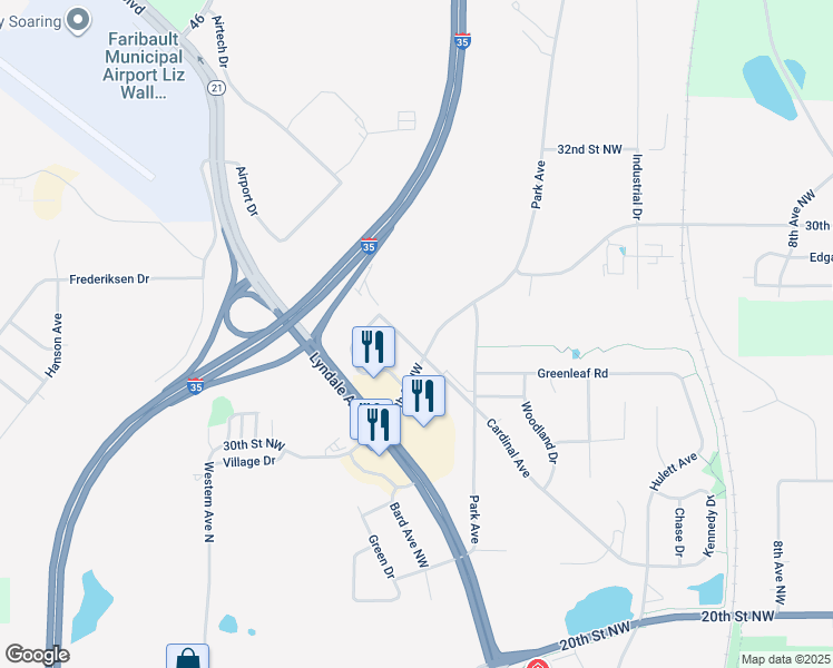 map of restaurants, bars, coffee shops, grocery stores, and more near 1925 Cardinal Lane in Faribault