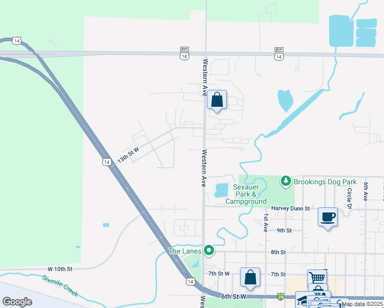 map of restaurants, bars, coffee shops, grocery stores, and more near 434 Western Avenue Circle in Brookings