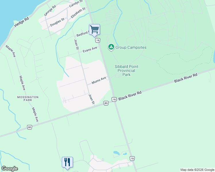 map of restaurants, bars, coffee shops, grocery stores, and more near 26576 Park Road in Georgina
