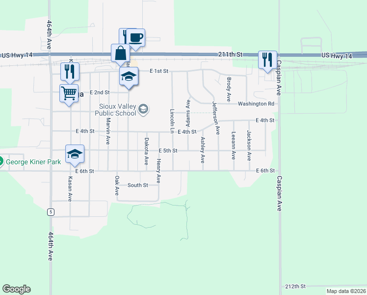 map of restaurants, bars, coffee shops, grocery stores, and more near 403-405 Adams Avenue in Volga