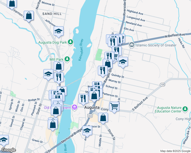 map of restaurants, bars, coffee shops, grocery stores, and more near Maple St in Augusta
