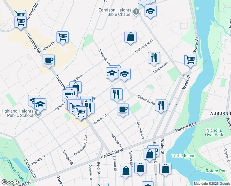 map of restaurants, bars, coffee shops, grocery stores, and more near 232 Bennet Street in Peterborough