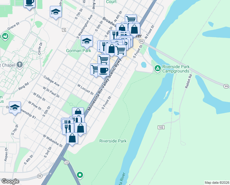 map of restaurants, bars, coffee shops, grocery stores, and more near 621 South Front Street in Saint Peter