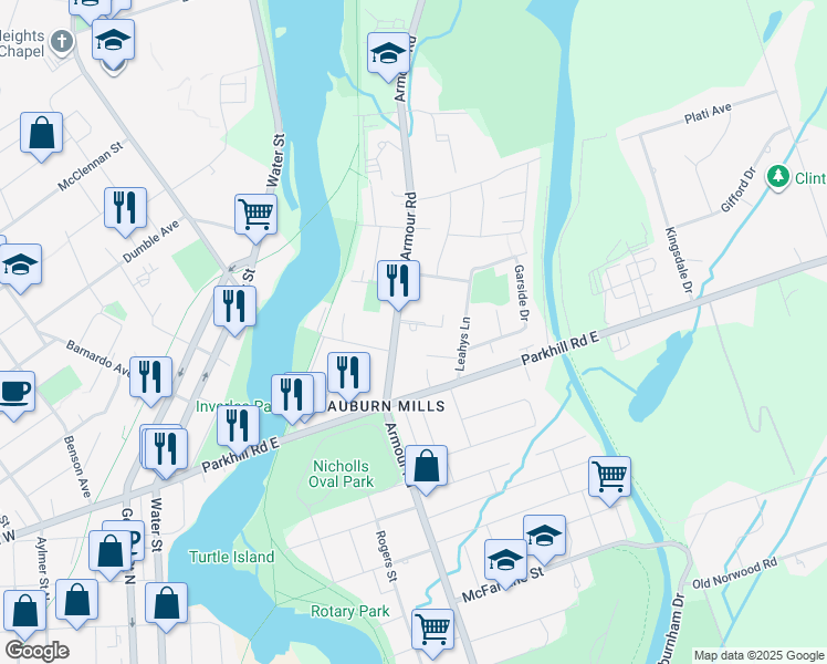 map of restaurants, bars, coffee shops, grocery stores, and more near 832 Armour Road in Peterborough