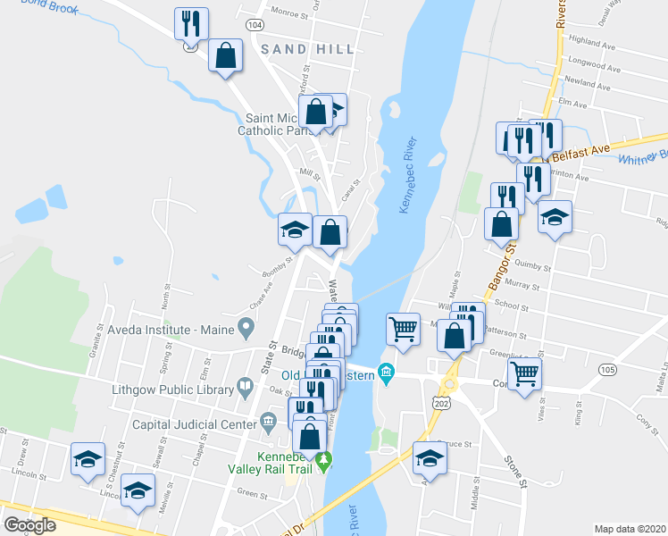 map of restaurants, bars, coffee shops, grocery stores, and more near 24 Water Street in Augusta