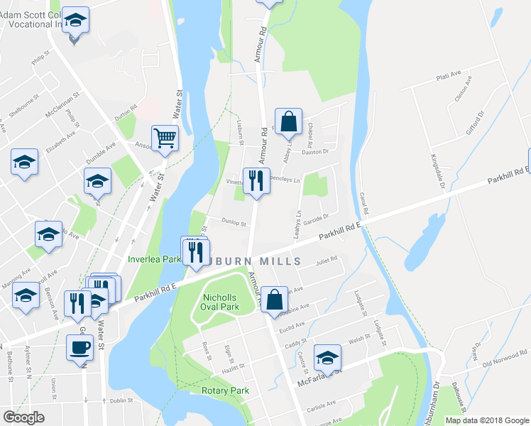 map of restaurants, bars, coffee shops, grocery stores, and more near 834 Armour Road in Peterborough
