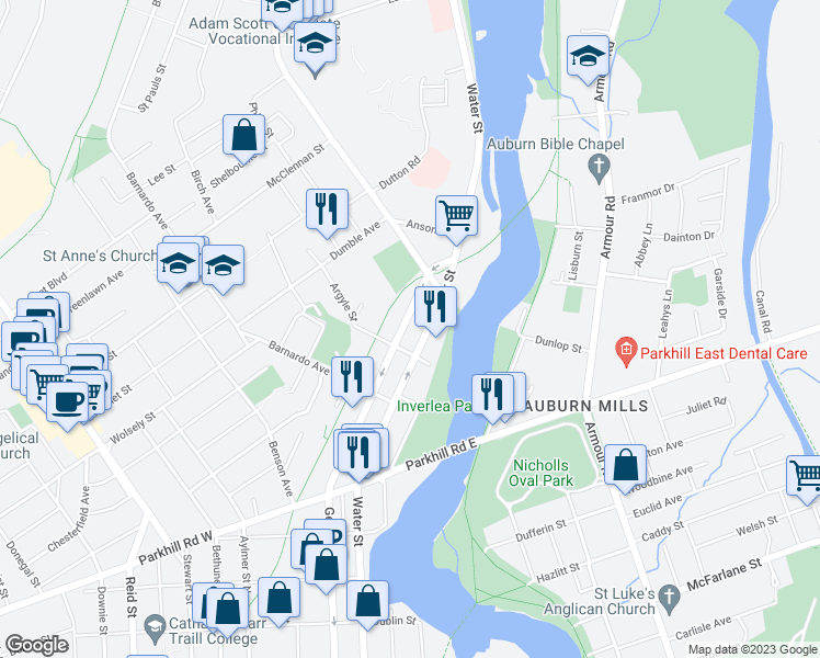 map of restaurants, bars, coffee shops, grocery stores, and more near 850 George Street North in Peterborough