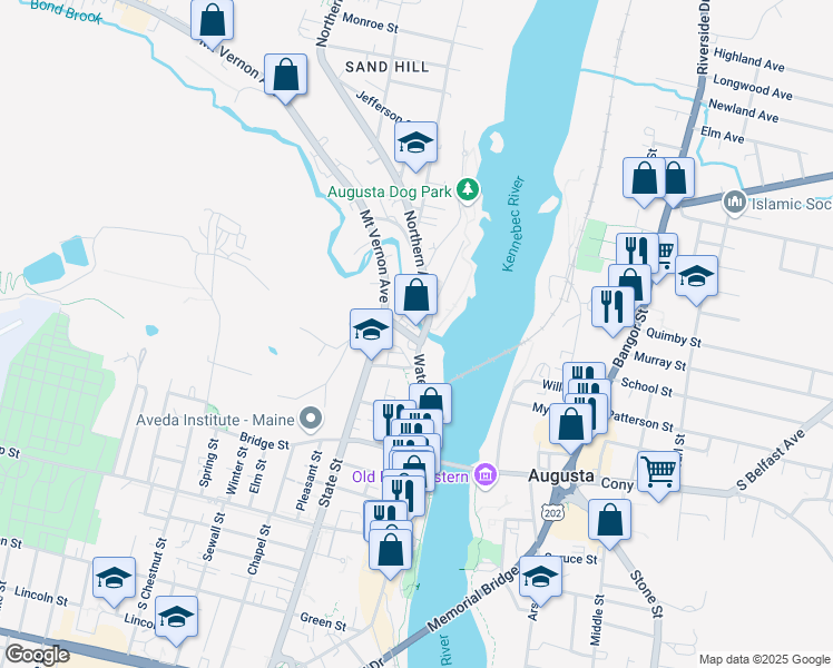 map of restaurants, bars, coffee shops, grocery stores, and more near 3 Bond Street in Augusta