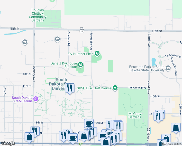 map of restaurants, bars, coffee shops, grocery stores, and more near 1165 Jackrabbit Avenue in Brookings