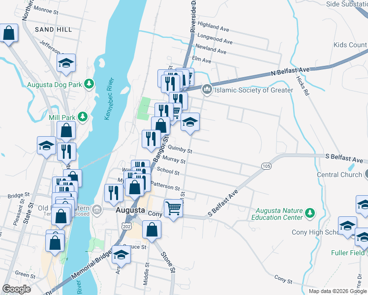 map of restaurants, bars, coffee shops, grocery stores, and more near 17 Quimby Street in Augusta