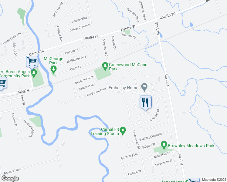 map of restaurants, bars, coffee shops, grocery stores, and more near Gold Park Gate in Angus