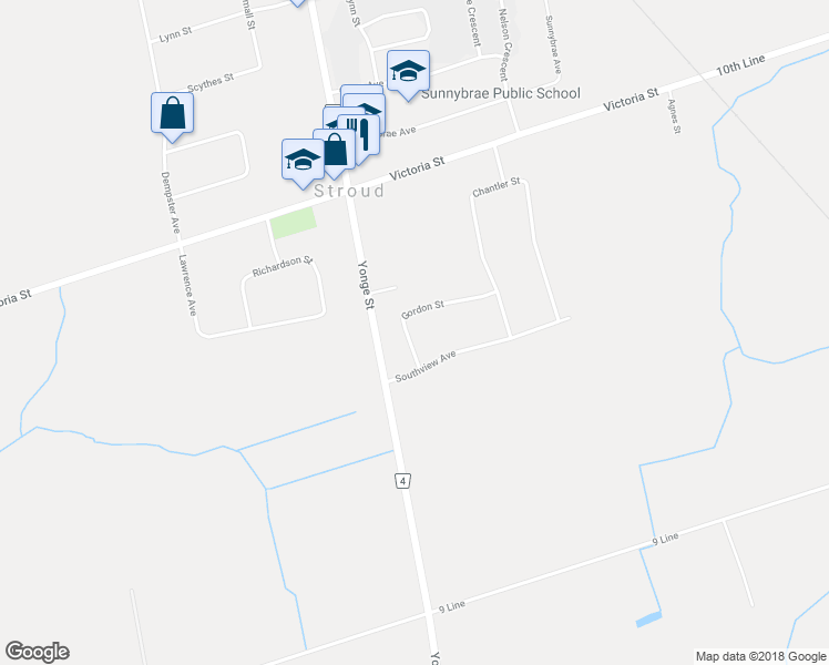 map of restaurants, bars, coffee shops, grocery stores, and more near 2177 Gordon Street in Innisfil