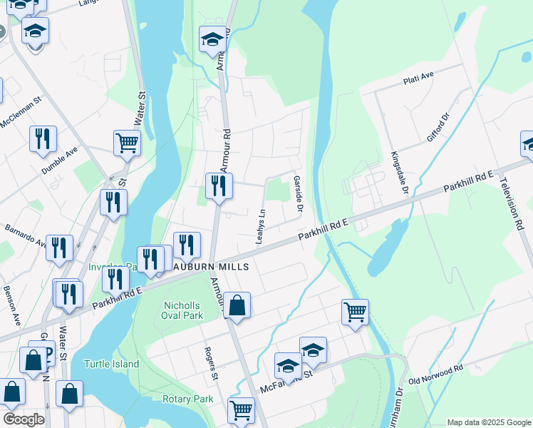 map of restaurants, bars, coffee shops, grocery stores, and more near 44 Leahys Lane in Peterborough