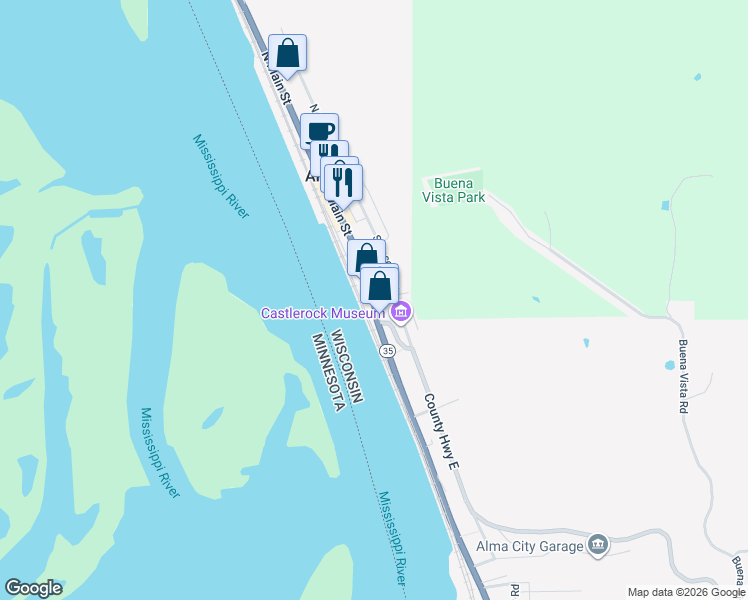 map of restaurants, bars, coffee shops, grocery stores, and more near 215 Main Street in Alma