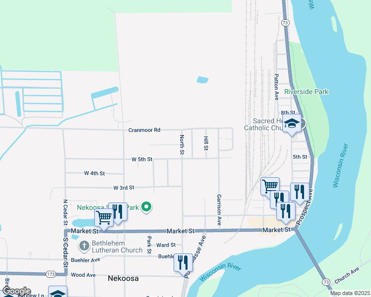 map of restaurants, bars, coffee shops, grocery stores, and more near 607 North Street in Nekoosa