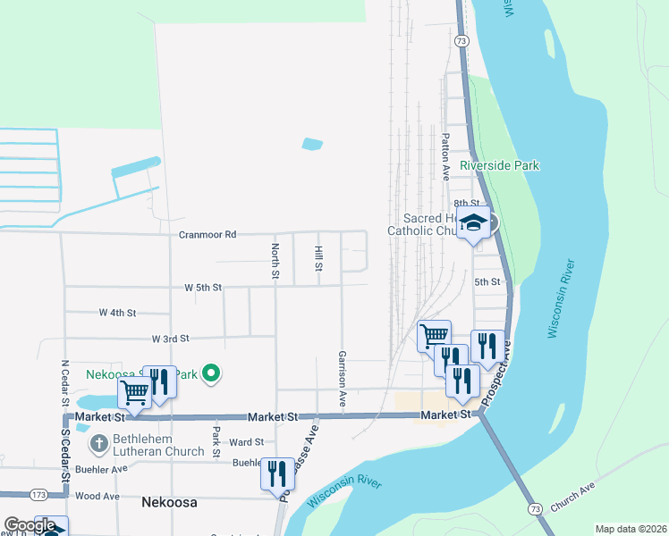 map of restaurants, bars, coffee shops, grocery stores, and more near 615 Garrison Avenue in Nekoosa