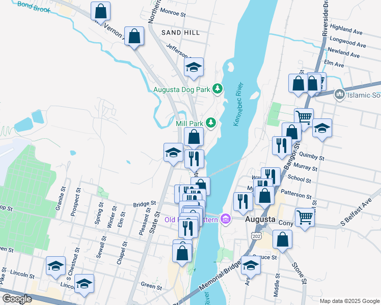 map of restaurants, bars, coffee shops, grocery stores, and more near 3 Bond Street in Augusta
