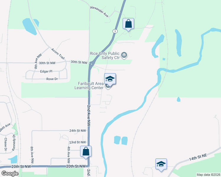 map of restaurants, bars, coffee shops, grocery stores, and more near 2855 1st Avenue Northwest in Faribault